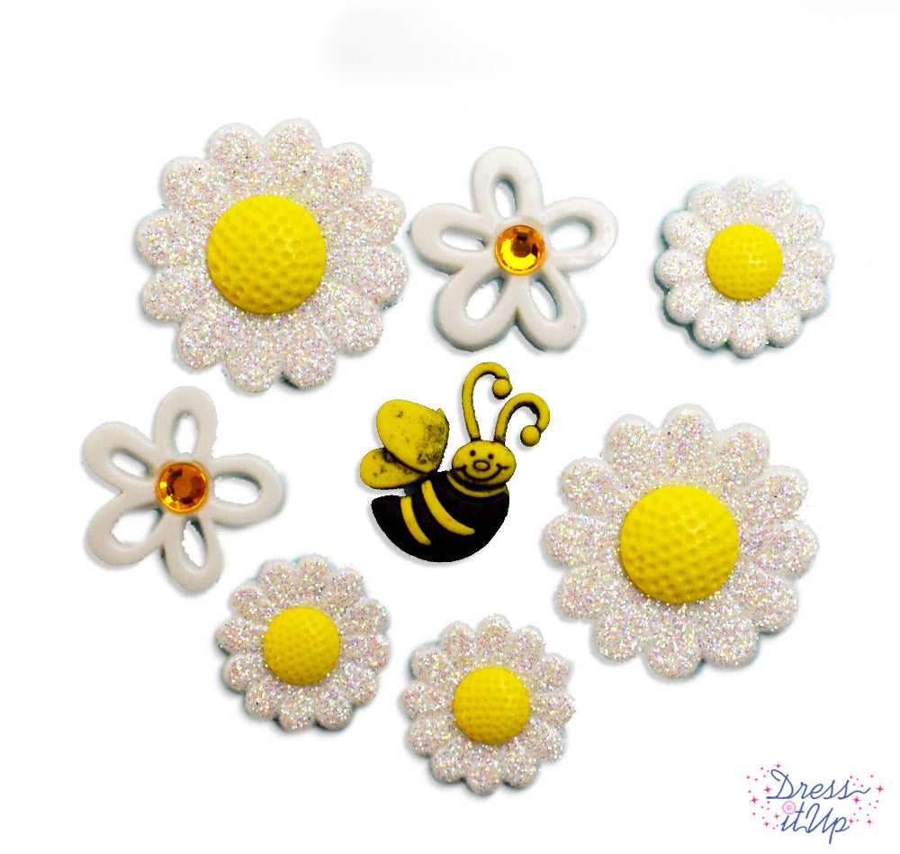 Sparkling daisies and a smiling bee add to spring and outdoor themed crafts