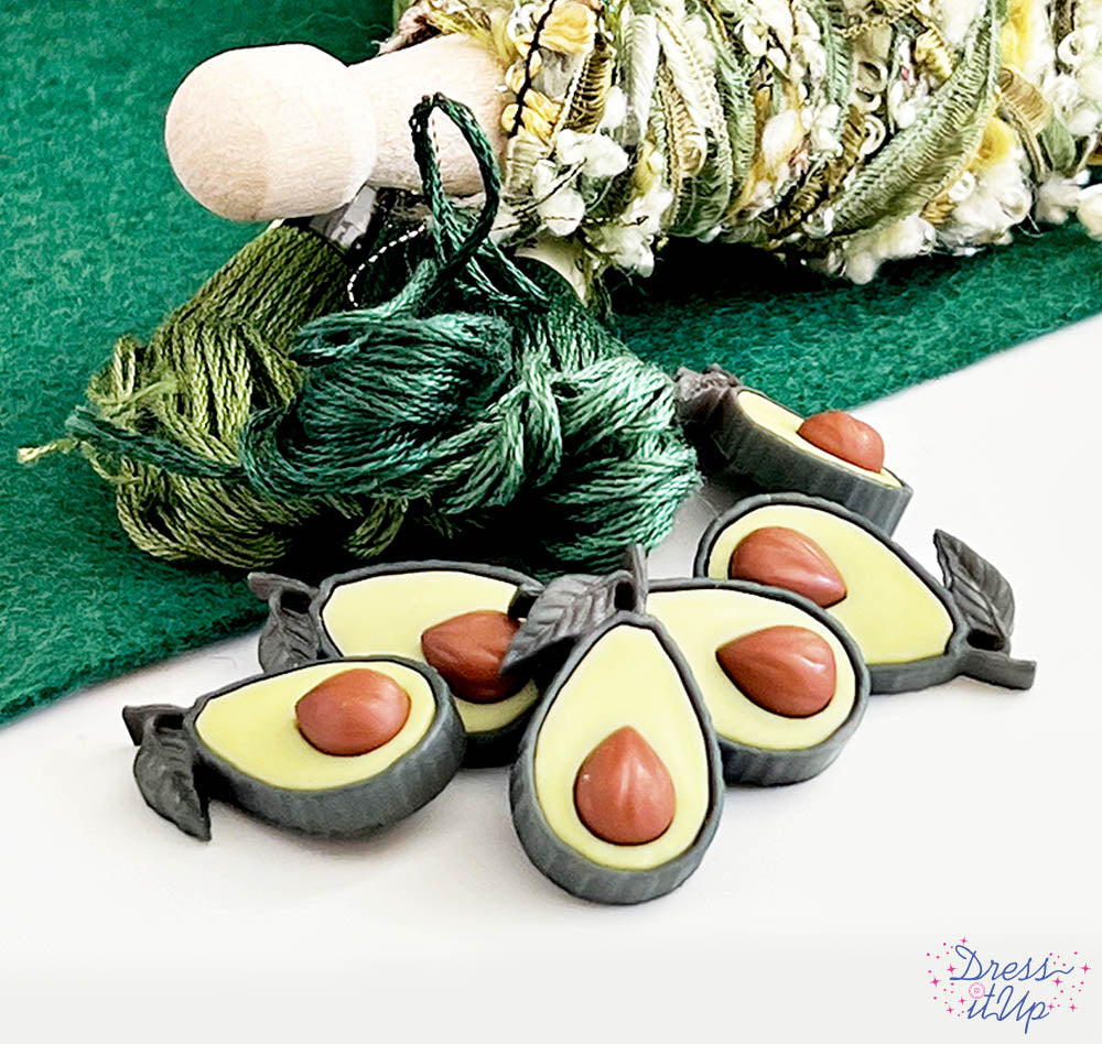 6 shank-back button embellishments pack with realistic avocados for food and kitchen crafts