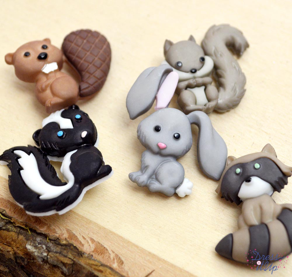 5 shank-back button embellishments pack with cute squirrel, beaver, bunny, skunk, racoon perfect for outdoor and nature themed crafts