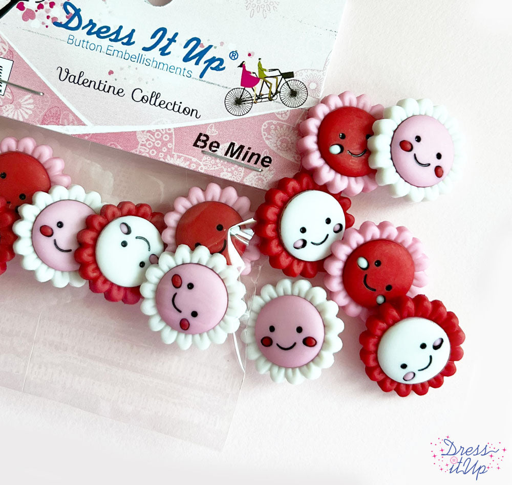 6 shank-back button embellishments pack with pink, red, white smiling, and blushing flowers add to Valentine's Day crafts