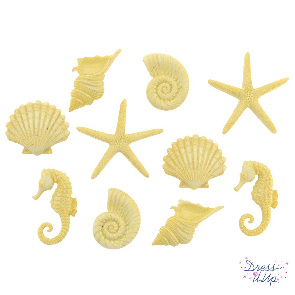 10 shank-back button embellishments pack with beachy, sand shells, starfish, conch shells, seahorses