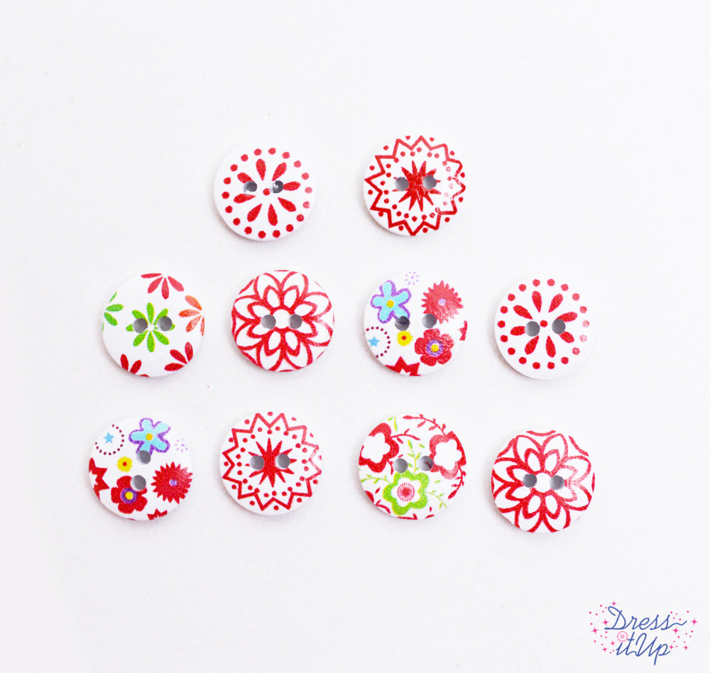 Printed 2-hole buttons in reds and white add a fun touch to sewing and crafting