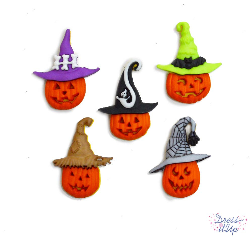 Orange Jack-o-Lanterns are dressed up in hats ready for Halloween crafts