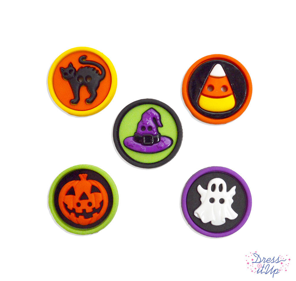 Sew-thru rounds, Each pack features black cat, ghost, witches hat, candy corn, and jack 'o lantern. Perfect additions to trick-or-treat bags and costumes
