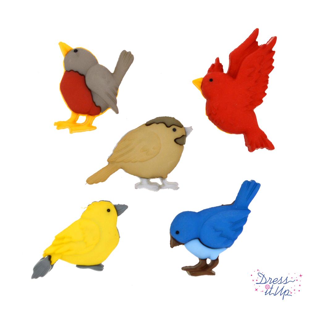 five bird shank-back buttons for sewing and crafting projects