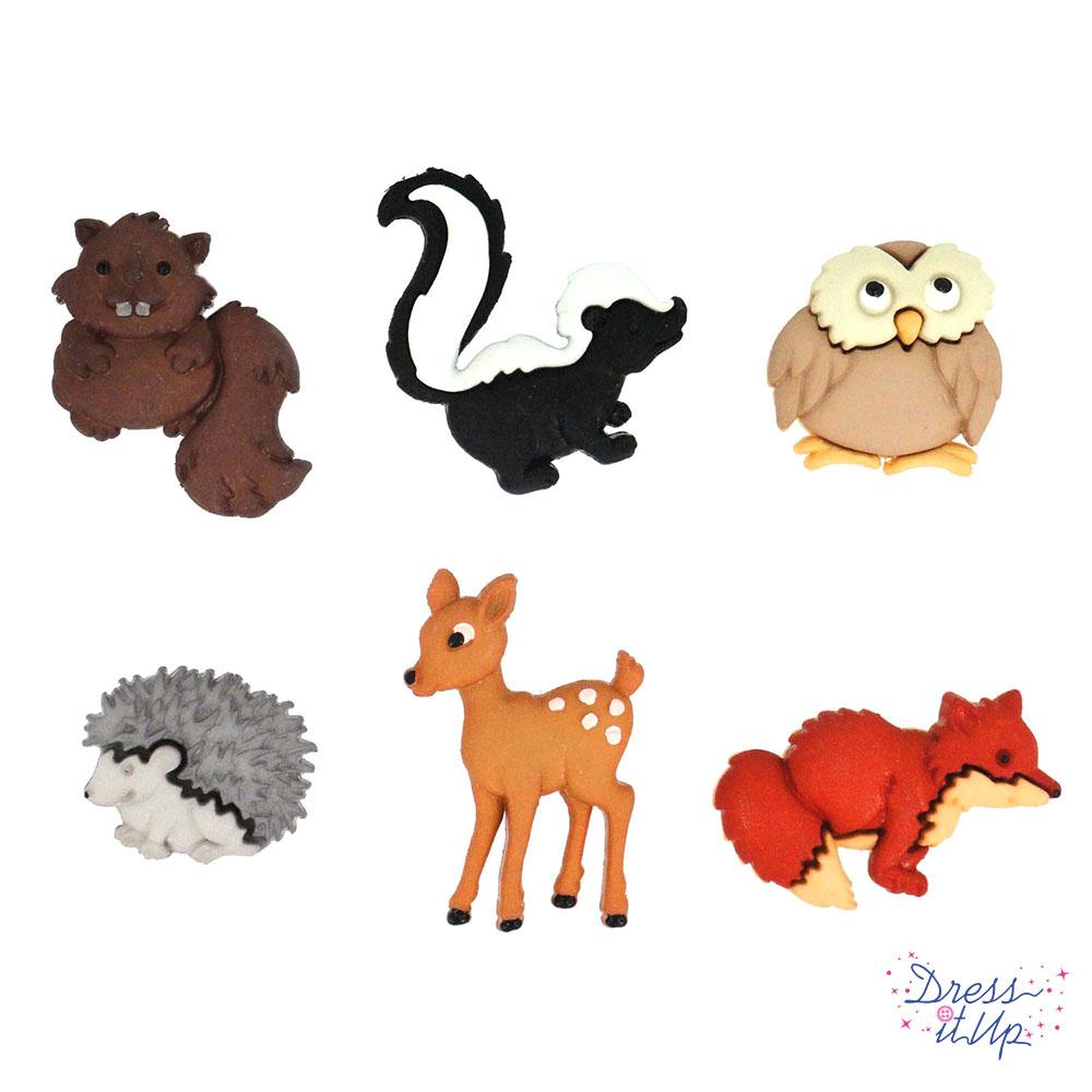 six woodland animal shank-back buttons for home decor, sewing and crafting