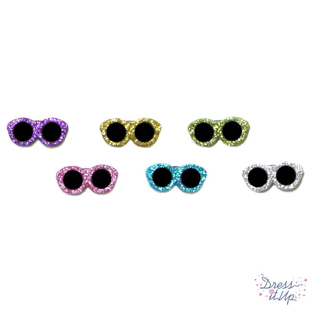 A pack of shank back buttons in the shape of glitter covered sunglasses. For sewing and crafting hobbies