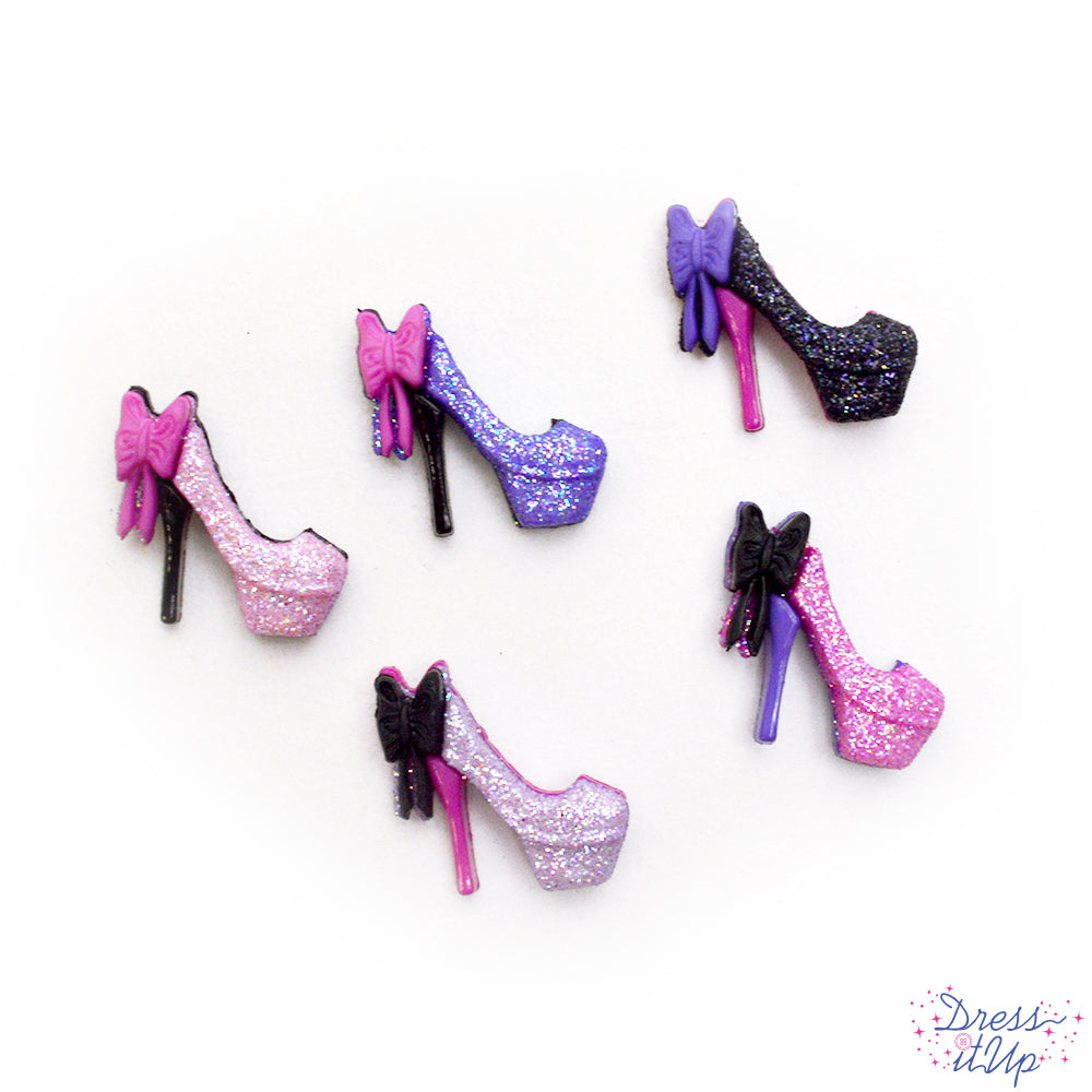 Glittery pink and purple high heel shoes embellish crafts and projects