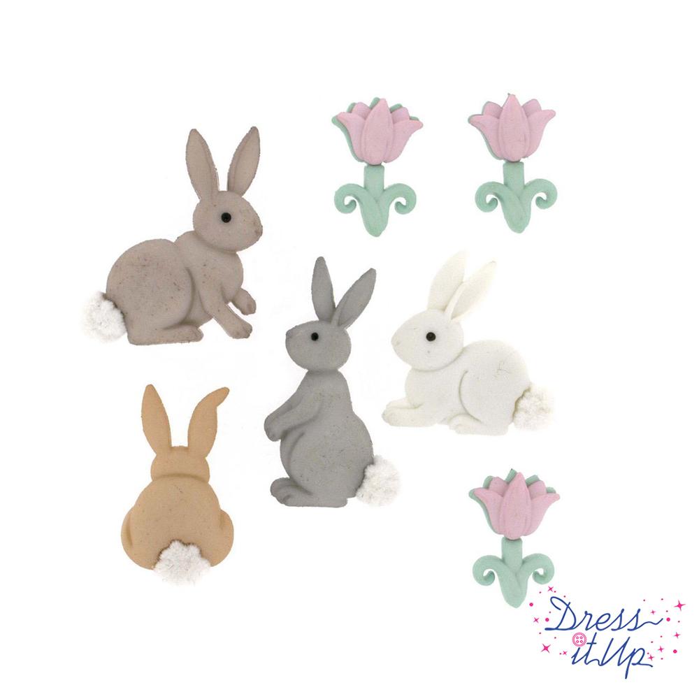 seven craft buttons with pink tulips and four bunnies for Easter and girl crafts