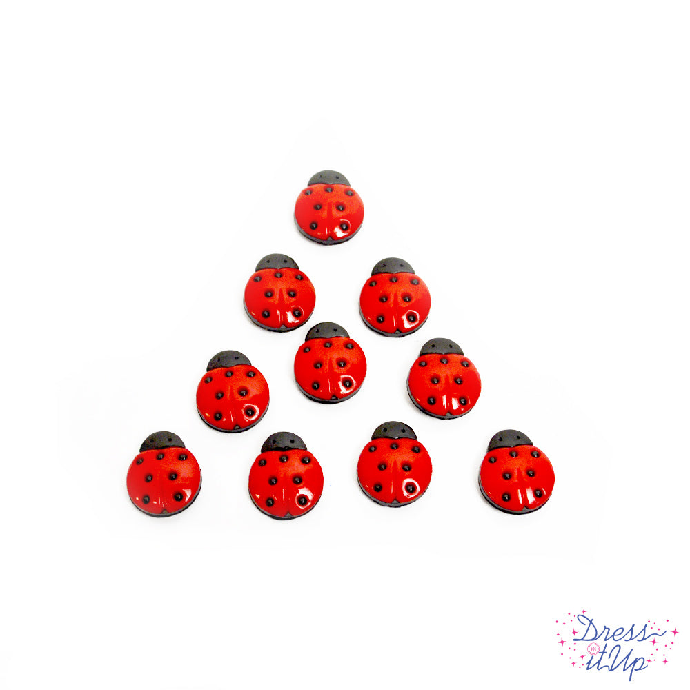 Ten loop back buttons in the shape of red ladybugs for spring and girls sewing and crafts