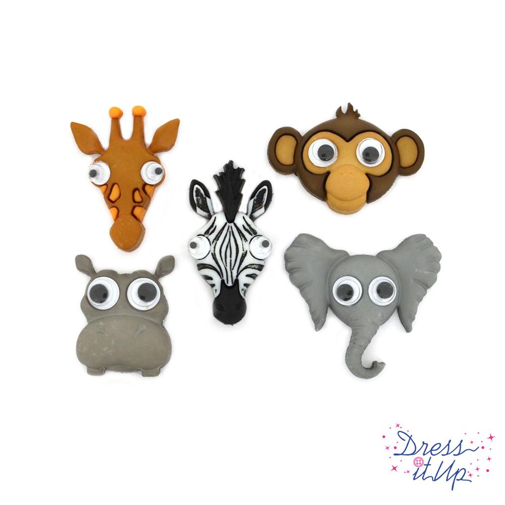 Four large craft embellishments of googly-eyed zoo animals.
