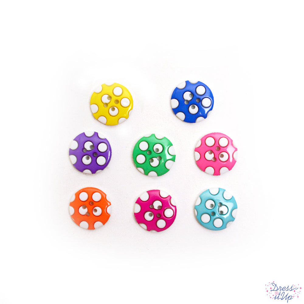 Round 4-hole in bright colors are adorned with polka dots to add to sewing and crafting projects