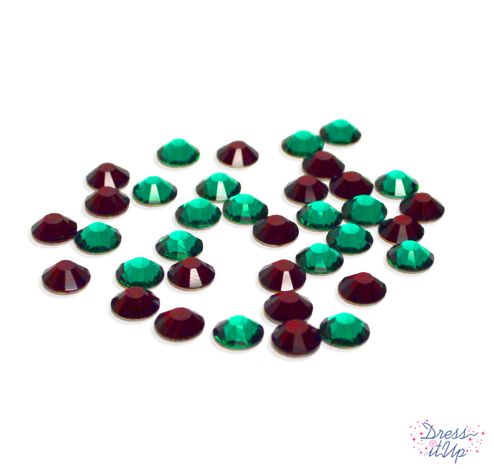 Sparkling crystal stones in red and green, flat-back embellishments