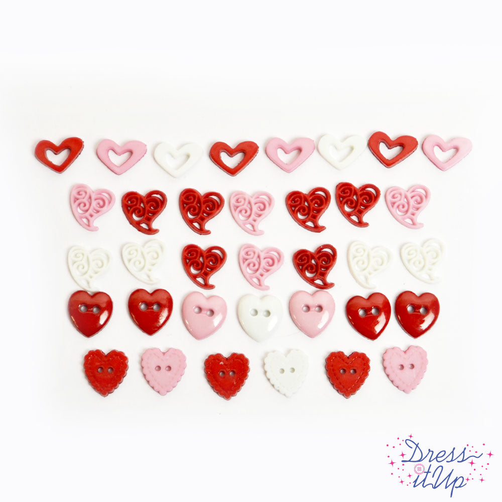 valentines day themed button and flat back embellishment assortment in heart shapes for crafting and sewing