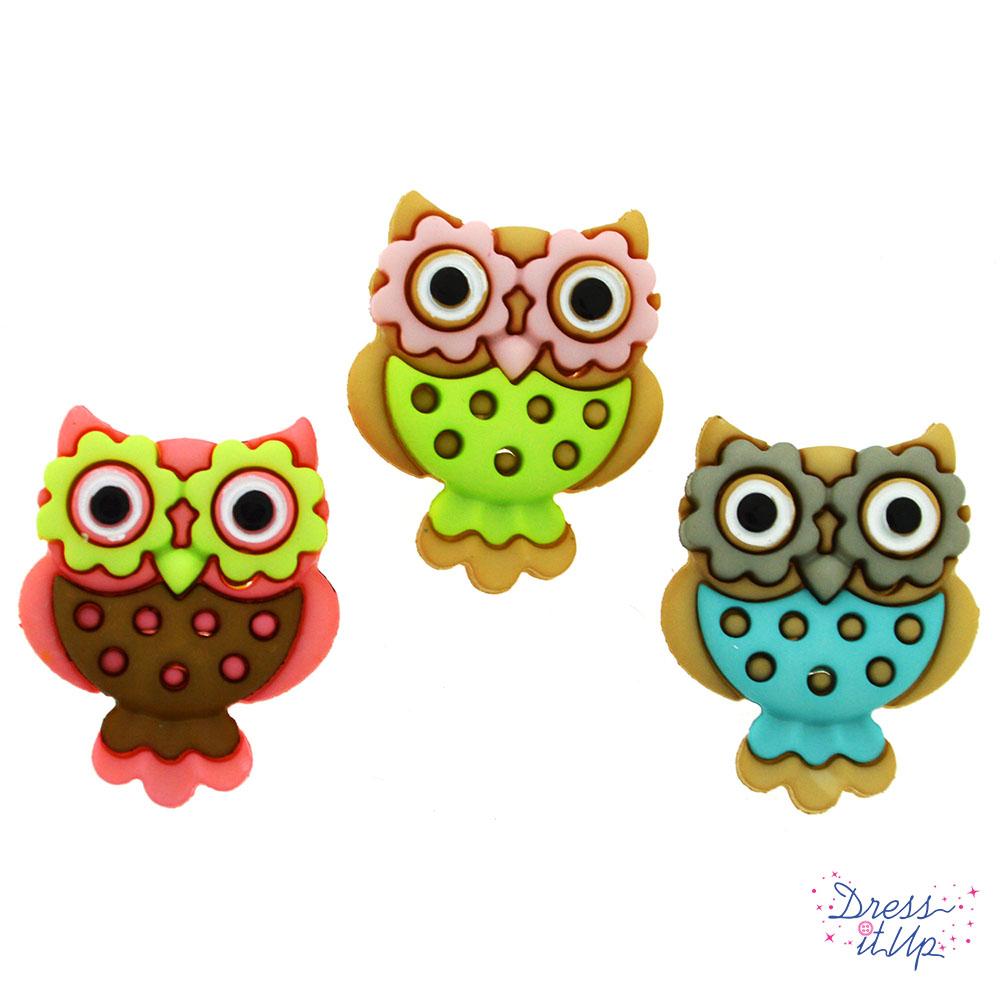 Three retro owl shank-back embellishments for sewing and crafting projects