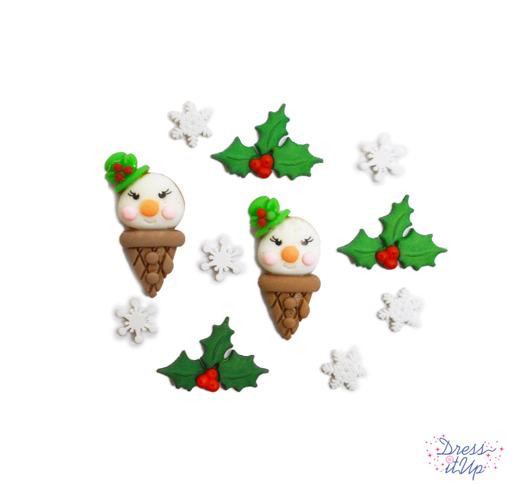Cones with snowman faces, along with snowflakes and holly, add a whimsical touch to holiday and children's crafts