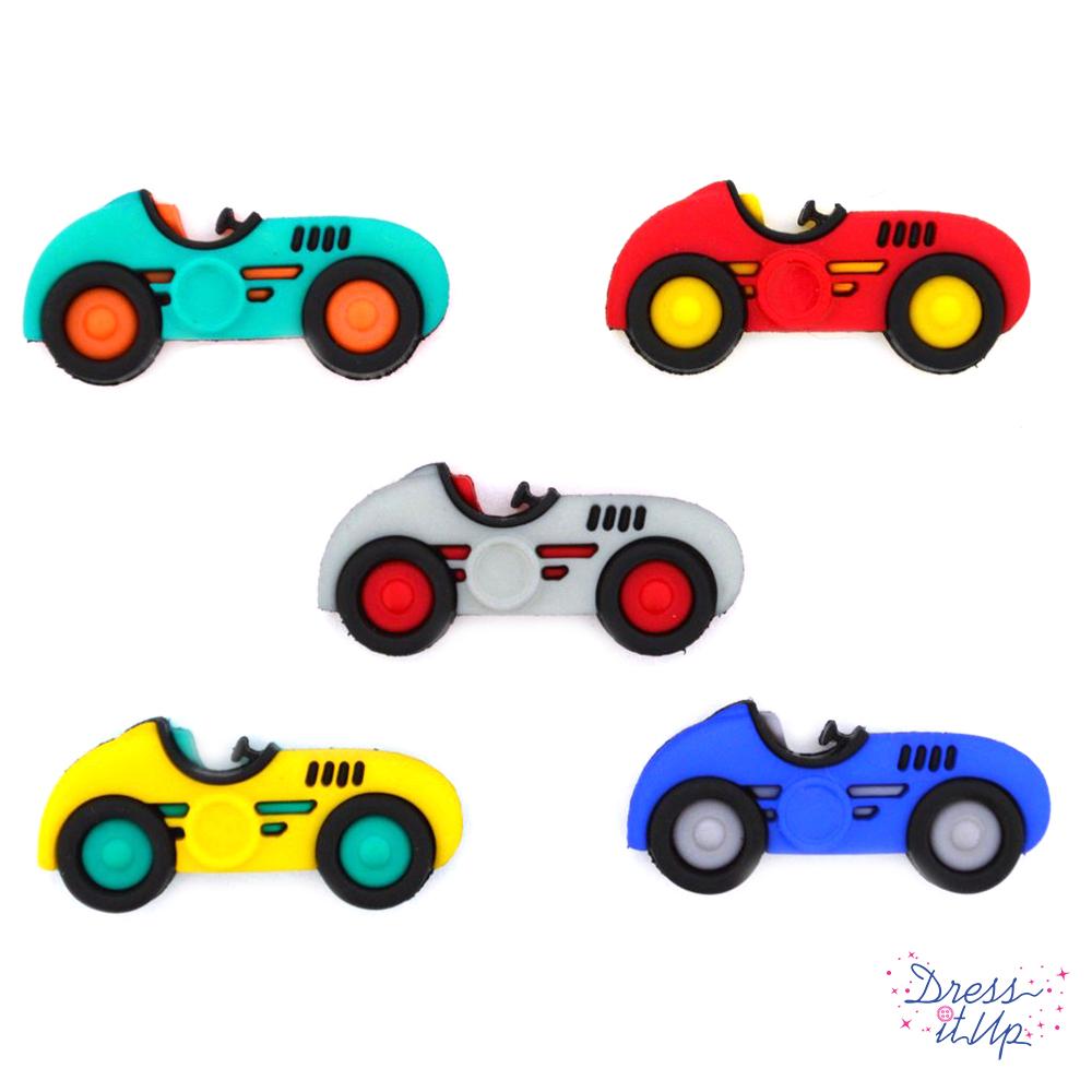 five bright-colored shank-back button cars for boy crafts