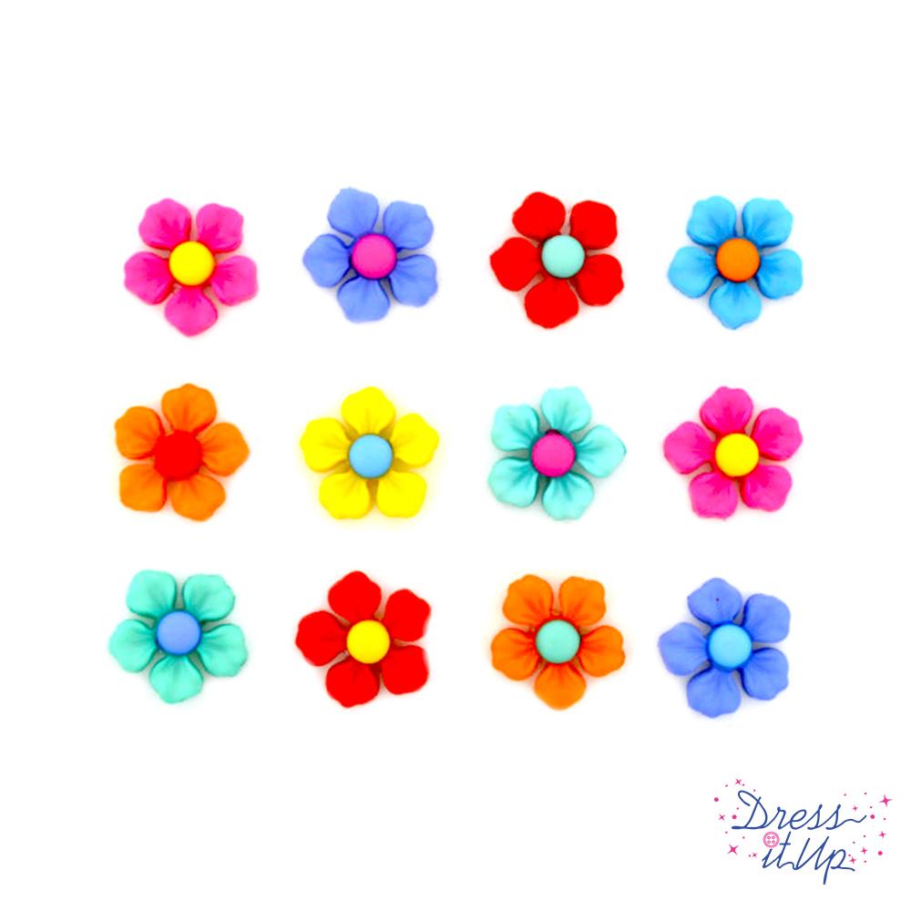 A pack of flower embellishments with a button loop for sewing clothing design