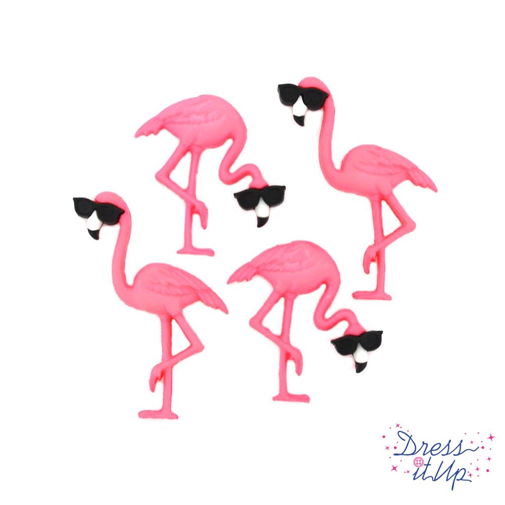 Four large buttons in the shape of flamingo bird with sunglasses for Summer and tropical craft ideas