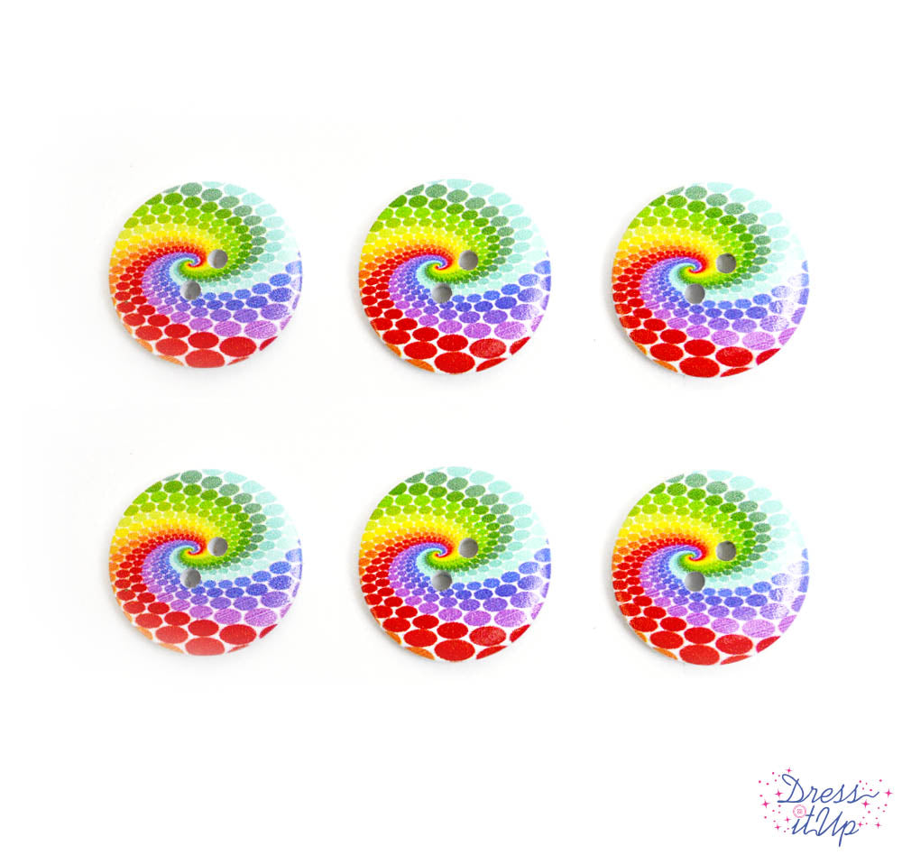 Round 2-hole wood buttons in a groovy rainbow swirl pattern