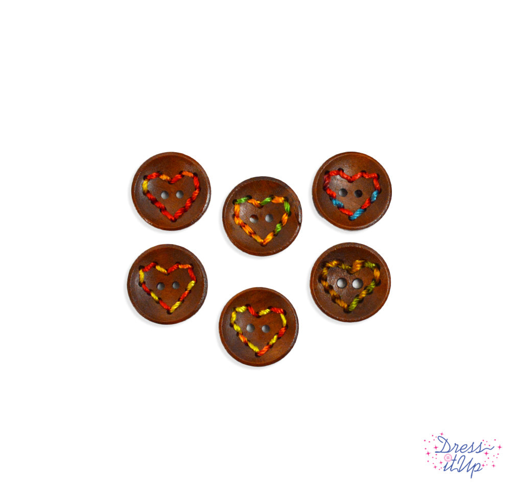 Wood 2-hole buttons with hearts made from colorful thread
