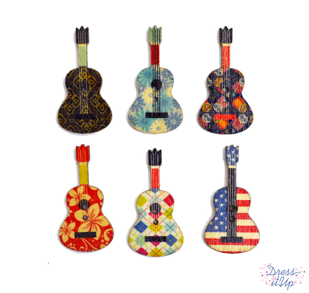 Guitar shaped 2-hole buttons perfect for adding to music themed crafts
