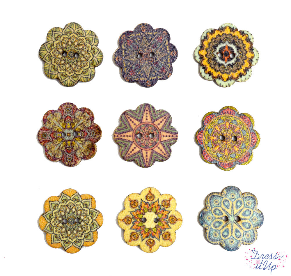 Flower shaped 2-hole wood buttons in printed patterns giving projects a bohemian feel