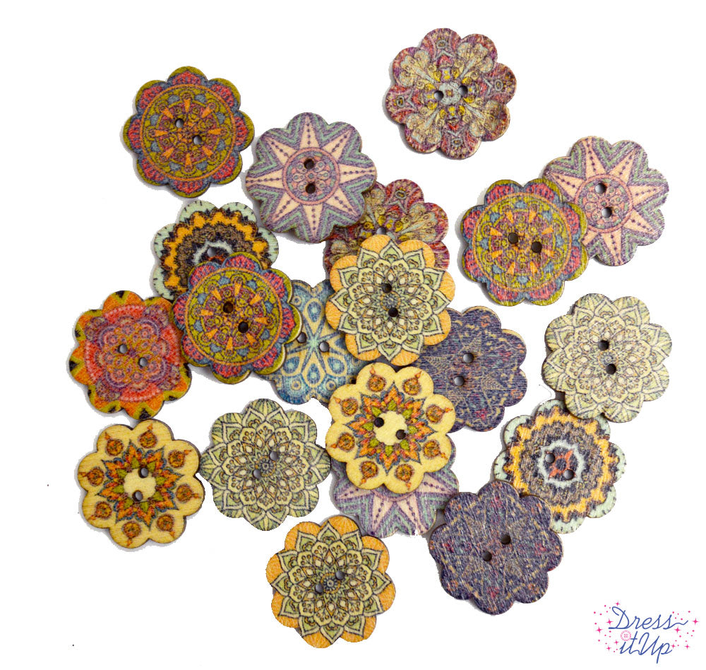 Flower shaped 2-hole wood buttons in printed patterns giving projects a bohemian feel