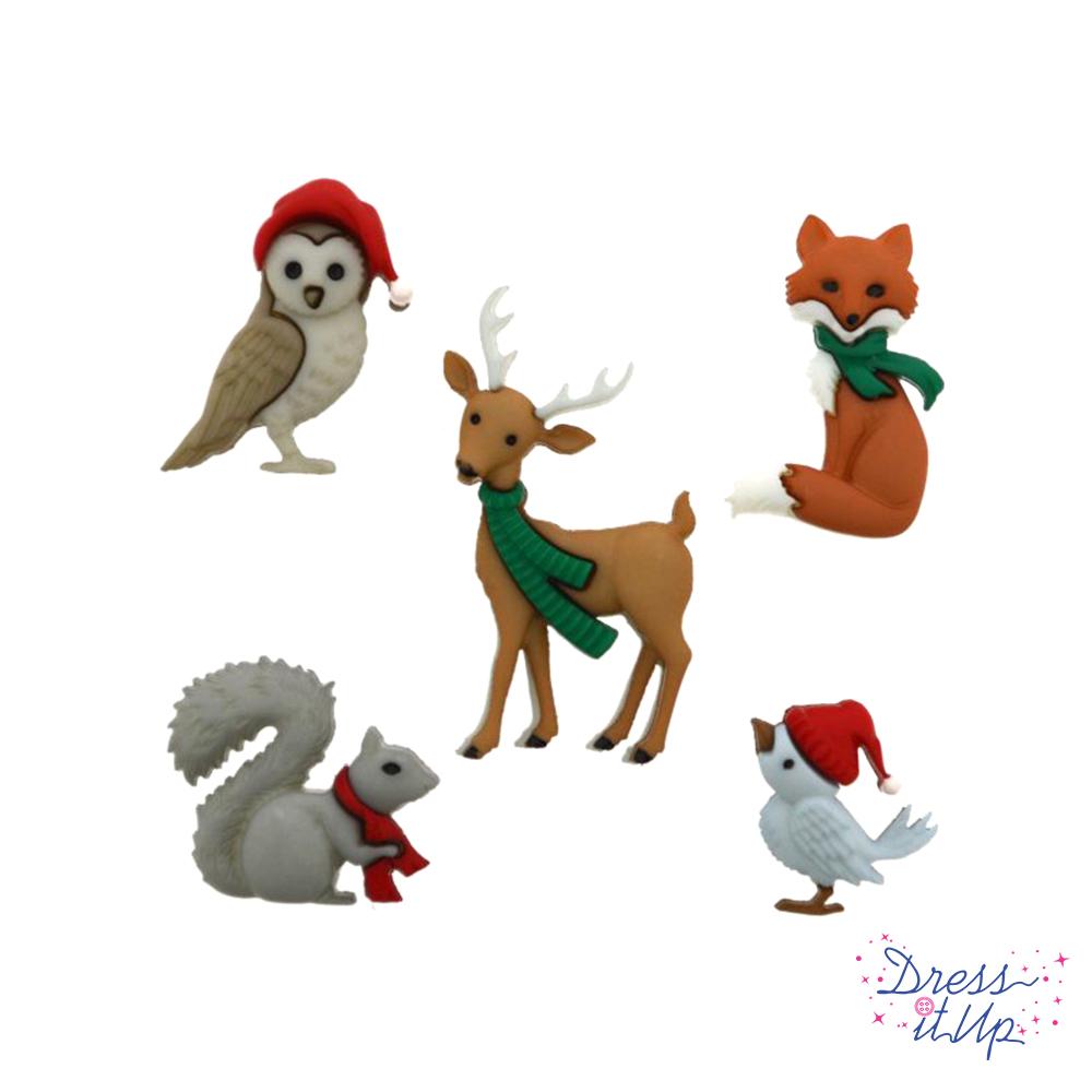 Five winter wood animal buttons. Deer, fox, bird, squirrel and owl for crafting and sewing projects