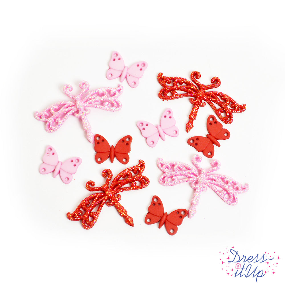 A back of shank back buttons featuring butterflies and dragon flies in valentines day colors.