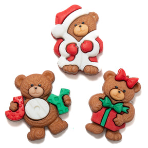 Three Christmas-themed teddy bears with decorative elements on a white background