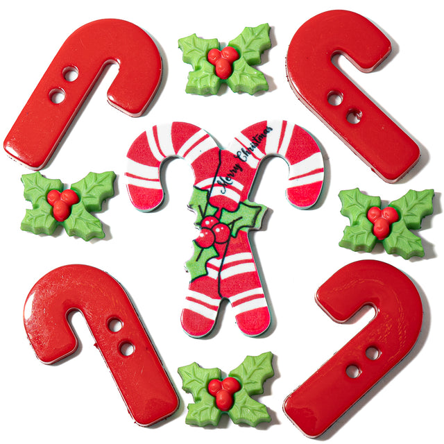 Candy Cane Lane Holiday Candy Canes Holly Button Pack