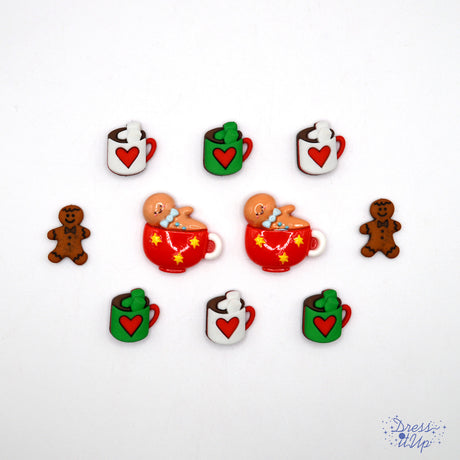 Cocoa, Cookies, and Christmas Movies Gingerbread Mugs Holiday Themed Buttons
