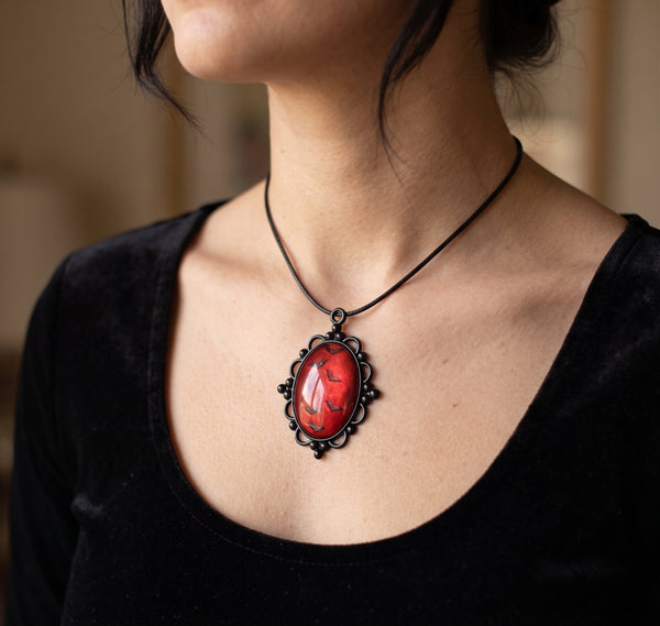 Crimson Sky Victorian Bat Cabochon Necklace