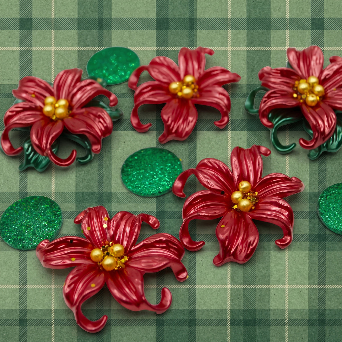 Red Glitter Poinsettia Flatback Flowers