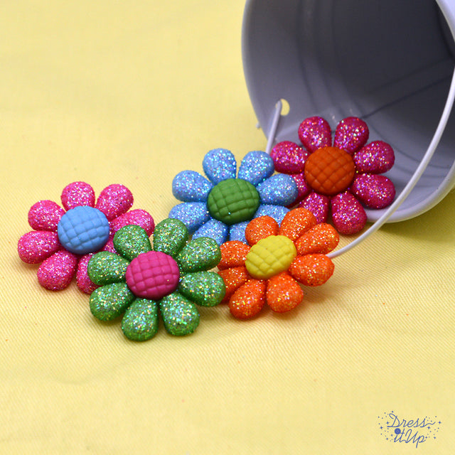 Oopsie Daisy Bright Multi Color Glitter Flower Button Embellishments