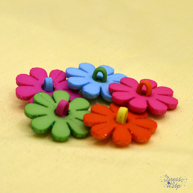 Oopsie Daisy Bright Multi Color Glitter Flower Button Embellishments