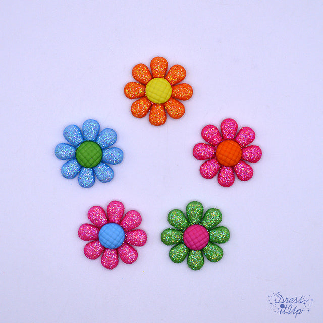 Oopsie Daisy Bright Multi Color Glitter Flower Button Embellishments