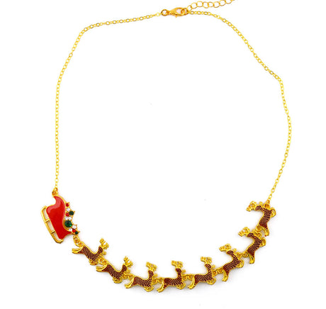 Colorful Rhinestone 14K Gold Reindeer Sleigh Necklace