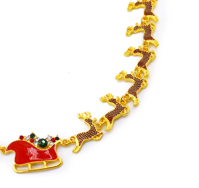 Colorful Rhinestone 14K Gold Reindeer Sleigh Necklace