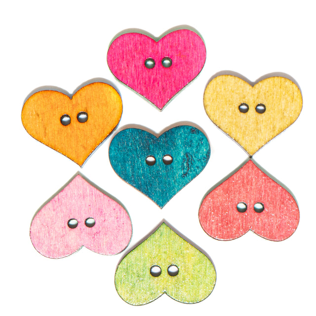 Wood Buttons in Rainbow Hearts 2-Hole Sew Thru
