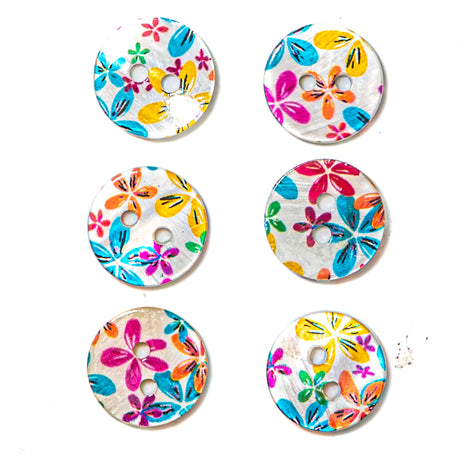 Shell Buttons in Bright Flowers Fun Color Round 2-Hole Buttons