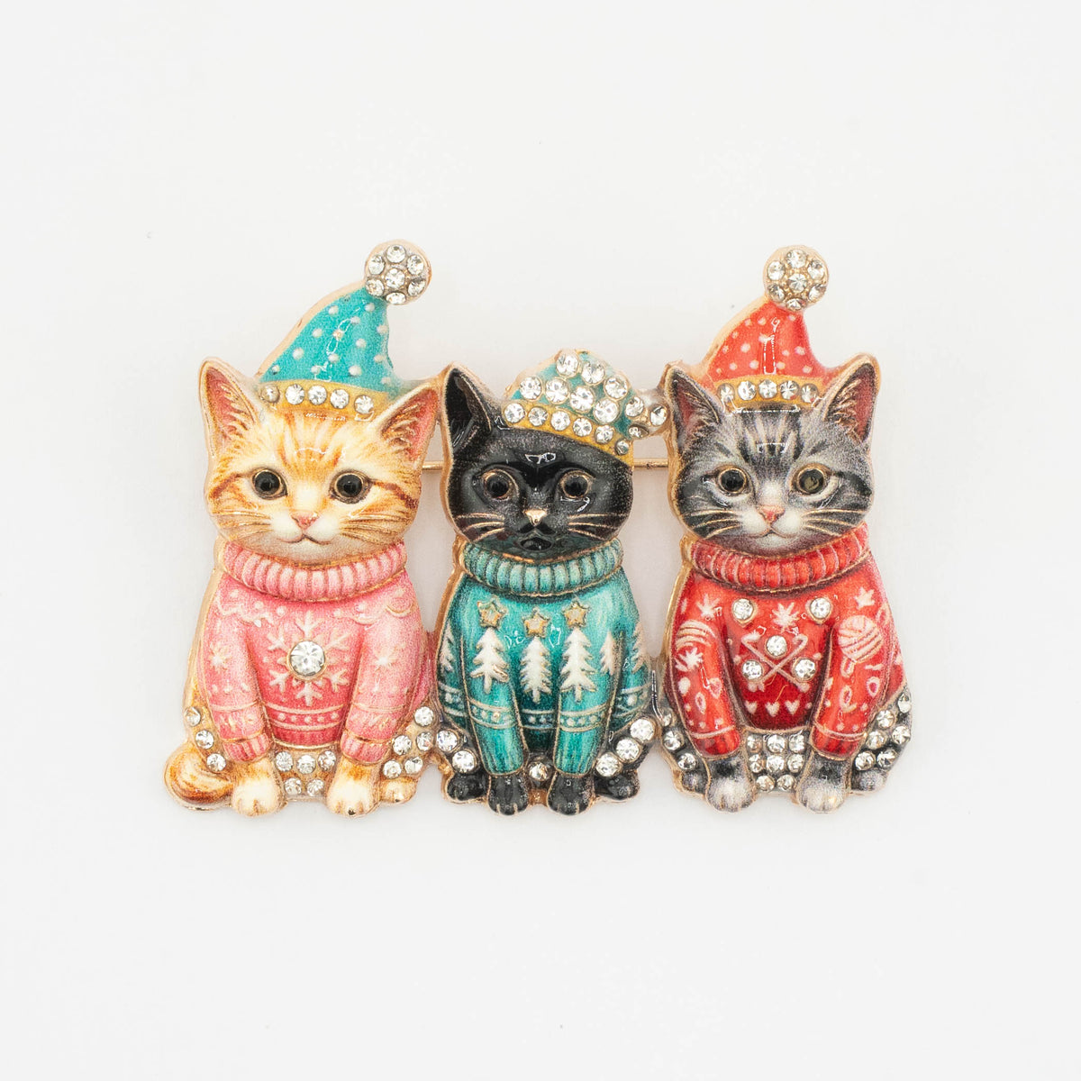 Christmas Sweater Kitties Rhinestone Brooch