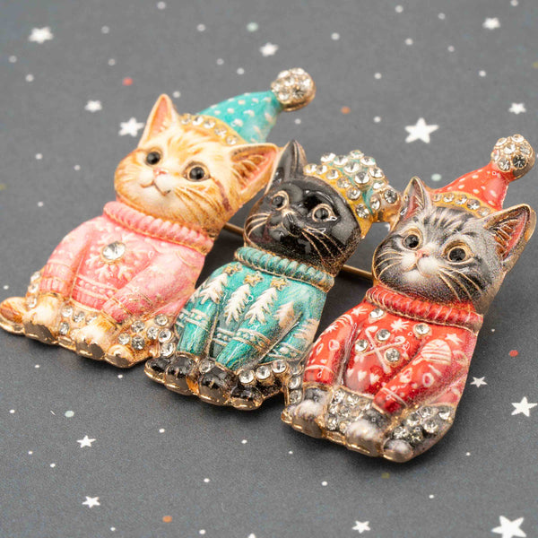 Christmas Sweater Kitties Rhinestone Brooch