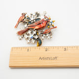Three Cardinals & Snowflakes Gold Enamel Brooch