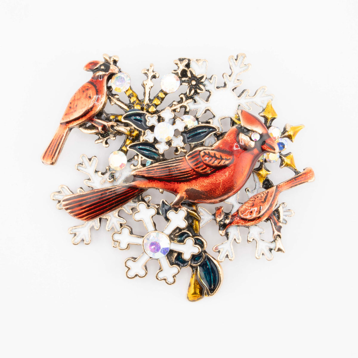 Three Cardinals & Snowflakes Gold Enamel Brooch