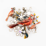 Three Cardinals & Snowflakes Gold Enamel Brooch