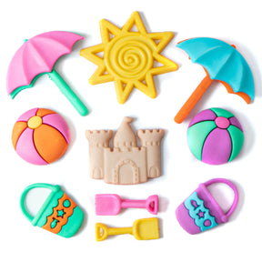 6 shank-back button embellishments pack with colorful beach items, sailboat, glitter sun, pearl clam, sand bucket and shovel, beach umbrella
