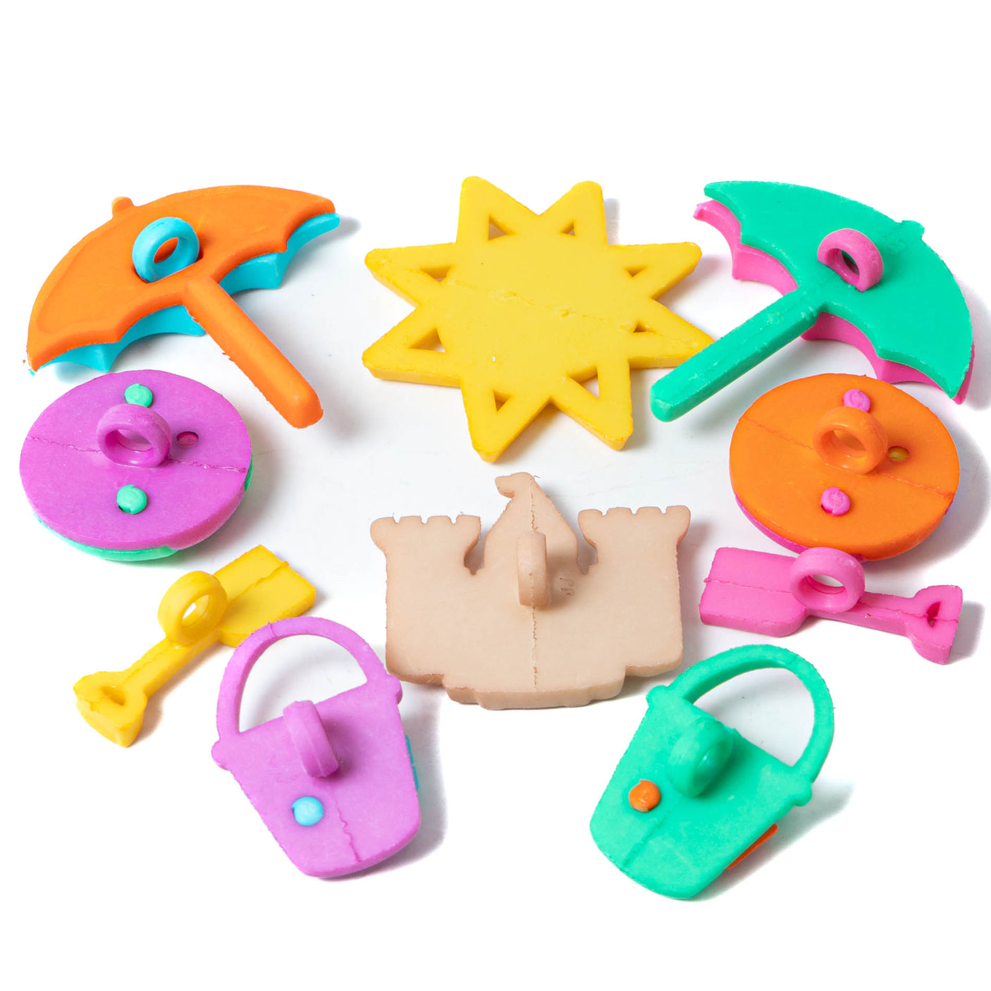 6 shank-back button embellishments pack with colorful beach items, sailboat, glitter sun, pearl clam, sand bucket and shovel, beach umbrella