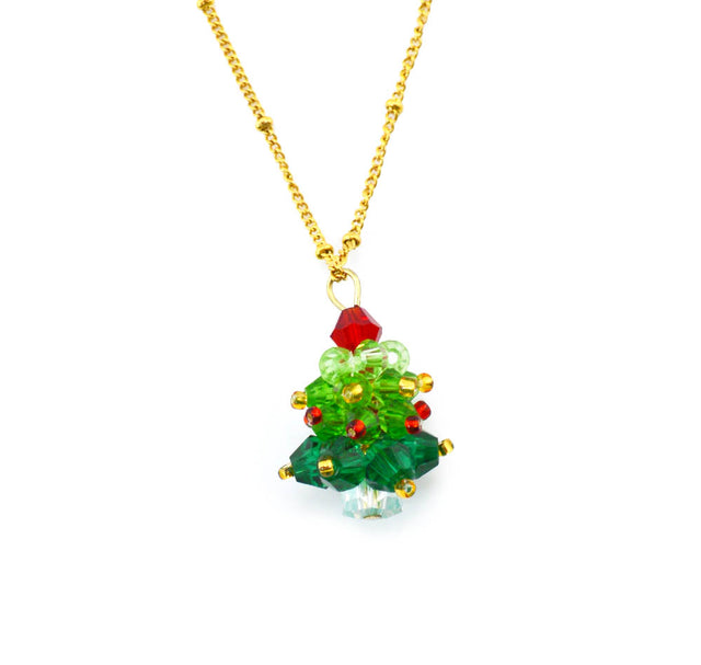 Golden Enamel Christmas Tree Pendant Necklace